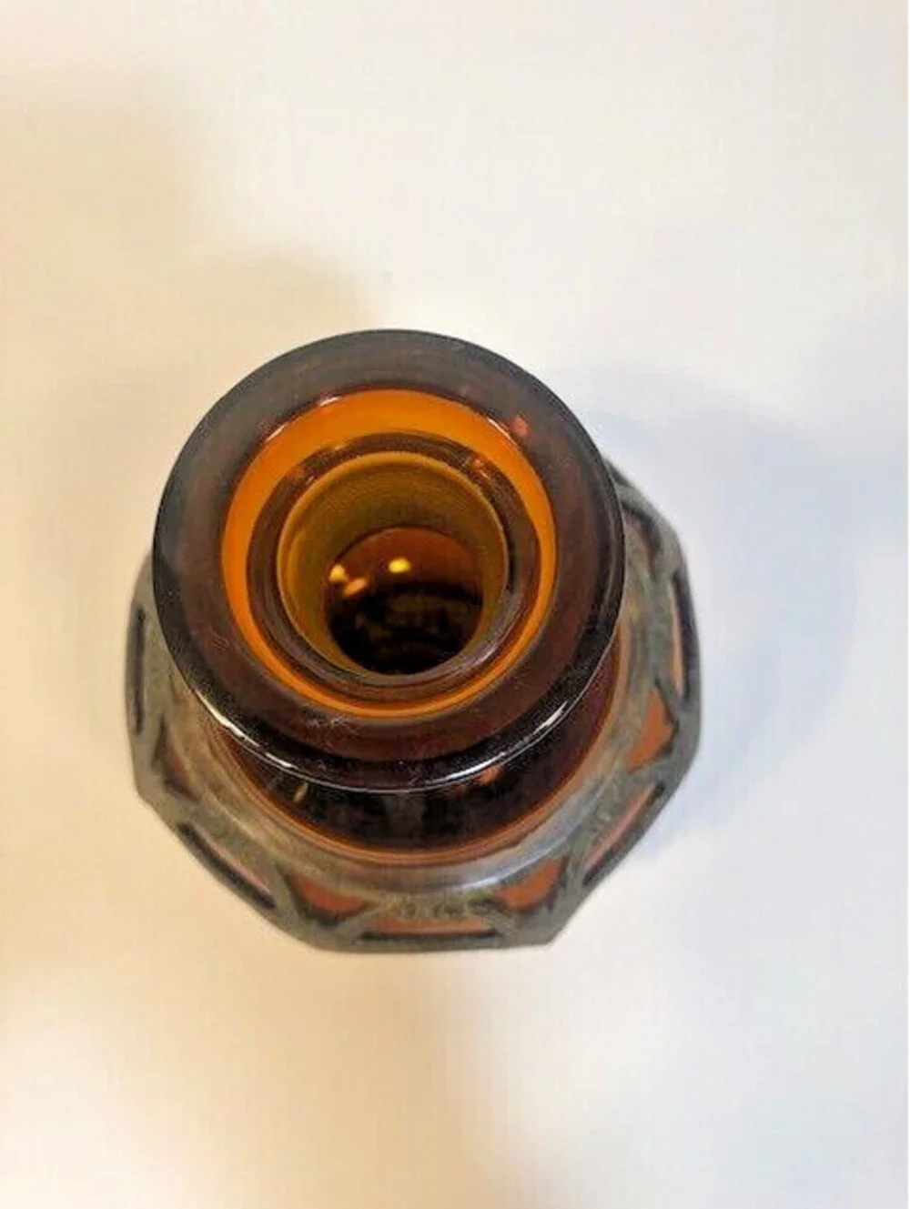 Amber Colored Vase Skinny Neck Round Bottom w Iron Accent Ring 7